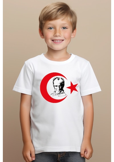 Aselinda Atatürk Ve Ayyıldız Baskılı Beyaz Çocuk Tişört Cumhuriyetimizin 101. Yılı 29 Ekim Beyaz Tişört-stk6 Beyaz