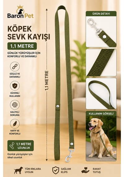 Köpek Sevk Kayışı 1,1 Metre Haki Yeşil Dokuma Metal Klipsli Tüm Irklar İçin Gezdirme Kayışı
