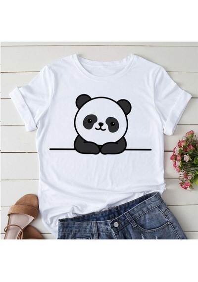 Noıssey Kırmızı Etiket Galashop Panda Yoga Baskı Sevimli Kadın T-shirt Mod65 17770 Beyaz