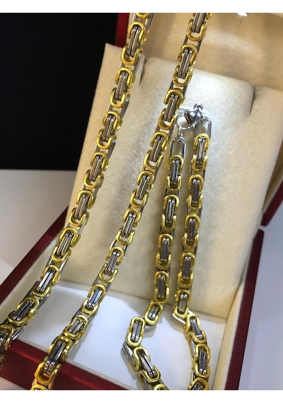 5mm Kral Erkek Çelik Sarı Beyaz Set Işıklı Kutuda Sevgiliye Eşe Babaya Bileklik Kolye