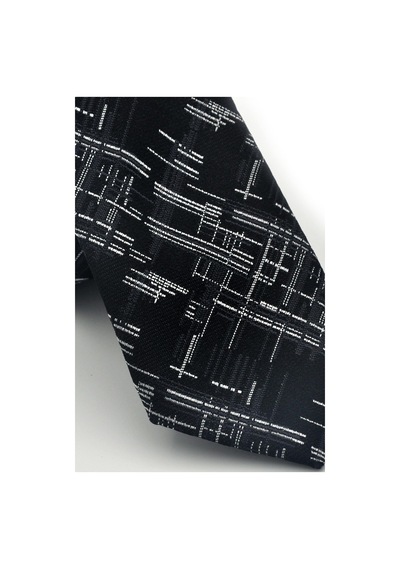 Gaffy Beyaz Kırcıl Desenli Siyah Dokuma Kumaş Mendilli Slim Fit Kravat // Sdk-2611-1 Siyah