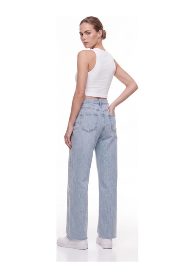 CEMO Kadın Taş İşlemeli Wide Leg Jean Pantolon Mavi