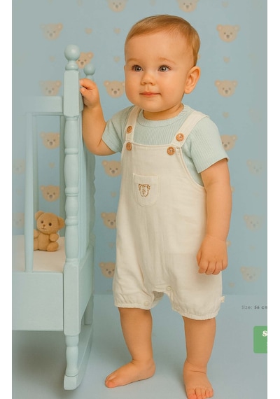 Bistyle Tulum 2li Salopet Müslin My Teddy Smile Yeşil Bej