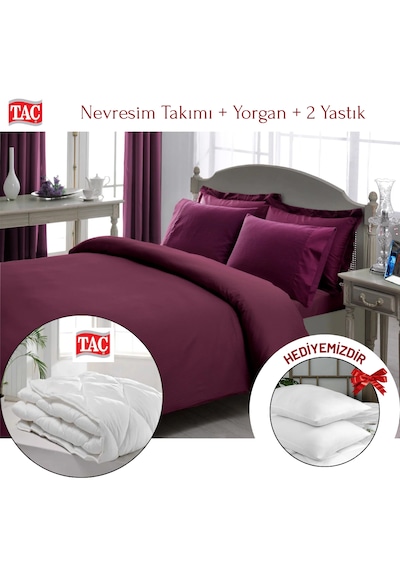 Taç Çift Kişilik Premium Basic Stripe Saten Nevresim Takımı Yorgan Yastık Mürdüm