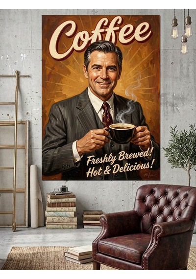 Kahve İçen Takım Elbiseli Adam Retro Poster Dekoratif Kanvas - Mdf Ahşap Tablo Çok Renkli
