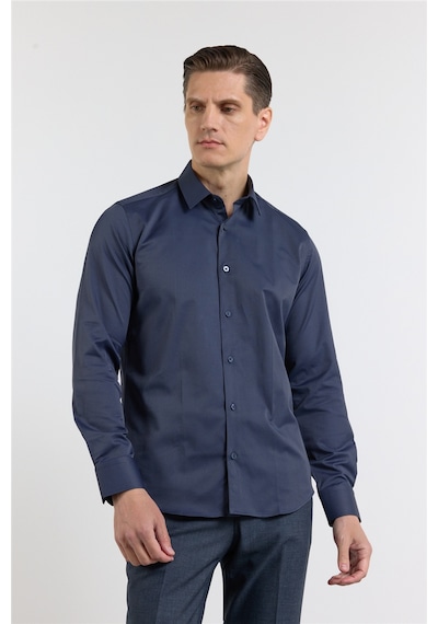 İmza Koyu Lacivert Sert Yaka Uzun Kol Cepsiz Slim Fit Pamuklu Gömlek 1004255228