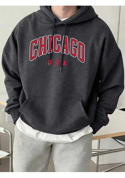 Startmore Tarzsokak Chicago Abd Mektup Baskılı Erkek Günlük Kapüşonlu Sweatshirtler Her Şeyle Uyumlu Polar Sweats Antrasit