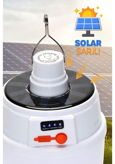 Şarjlı Solarlı Kamp Lambası 5 Modlu Orta-yüksek Işık Sos Askılı Işıldak Kamp El Feneri 47724 Beyaz
