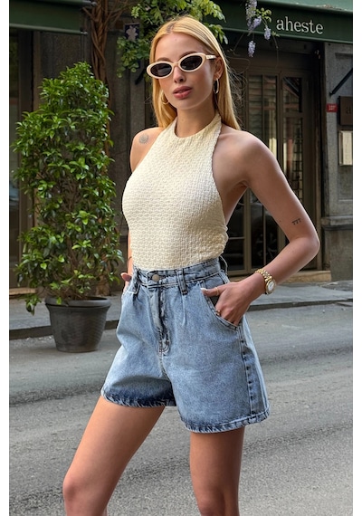 Buz Mavisi Çift Cepli Pileli Mini Denim Şort Çok Renkli