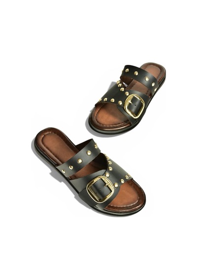 Fox Shoes Y390450703 Siyah Hakiki Deri Zımba Detaylı Kadın Terlik Siyah