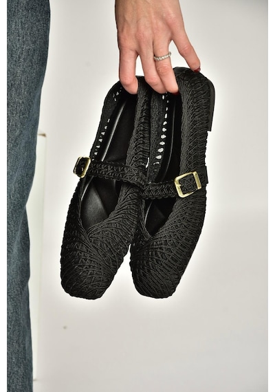 Fox Shoes Y444540004 Siyah Kumaş Örgü Detaylı Kadın Babet Siyah