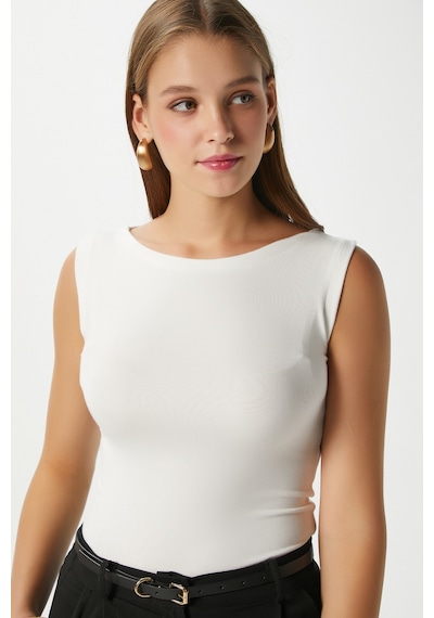 Ritnice Kadın Nova Kayık Yaka Lux Touch Yumuşak Doku Kolsuz Beyaz Bluz