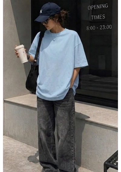 Seeh Bebe Mavisi Kısa Kollu Oversize Basic Kadın T-shirt Sh281