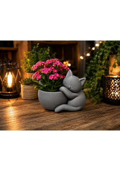 3d Baskı Sarılan Kedi Saksı - Sevimli Dekoratif Saksı - Gri -