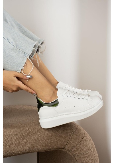 Shoetek Dukine Kadın Sneakers Bağcıklı Arka Helogramlı Beyaz&yeşil Deri Beyaz