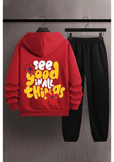 Uyguntarz Unisex Good Things Baskılı Eşofman Takımı Kırmızı