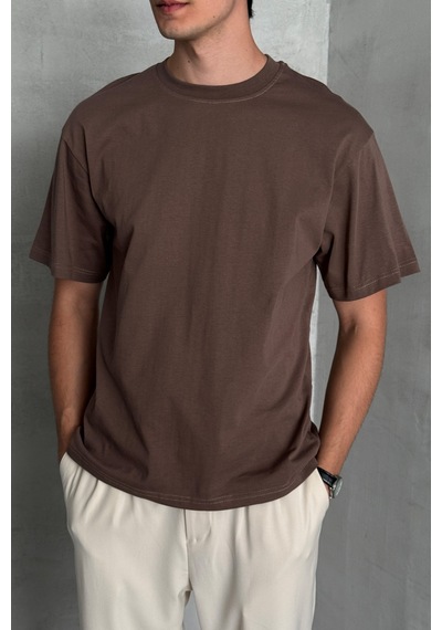 Hyman Erkek %100 Pamuk Oversize Basic T-shirt Kahverengi