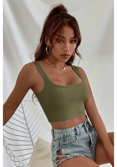 Kapsulavm Kadın Haki Yeşili Kalın Askılı Crop Top Büstiyer