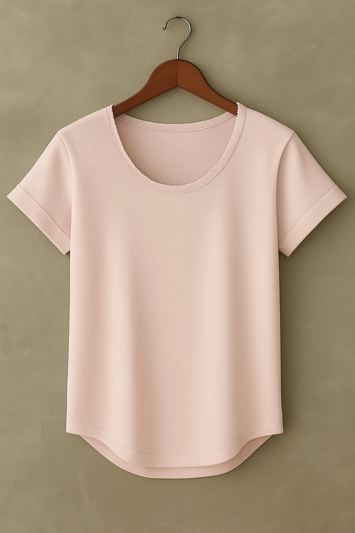 Erkek Pembe Özel Üretim Geniş Yaka Alt Oval Kesim Tişört T-shirt Pembe