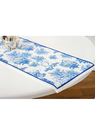 Festival Baskılı Kumaş Kreme Mavi Runner Kırlent Seti 3 Parça 135x50 Cm 1374 Kırmızı