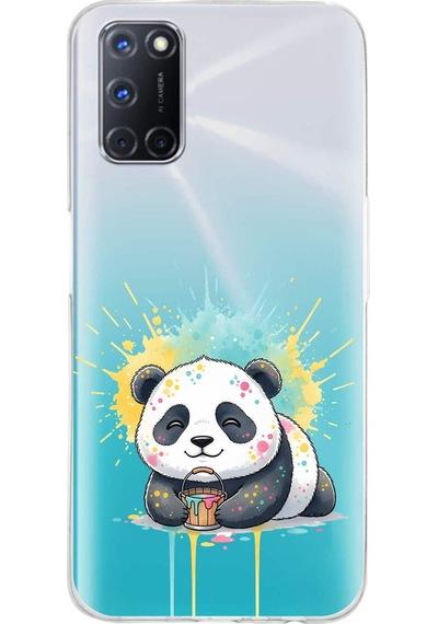 Oppo A92 İle Uyumlu Splash Panda Tasarımlı Şeffaf Silikon Kılıf Şeffaf