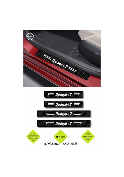 Nissan Qashqai+2 Yazılı Karbon Kapı Eşiği Siyah Beyaz Dekoratif Kapı Koruyucu 4'lü Set Nissan Qashqai+2