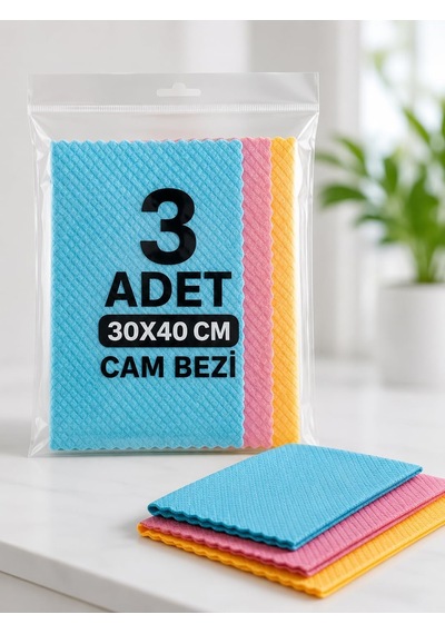 3 Adet Mikrofiber Cam Bezi 30x40 Temizlik Bezi
