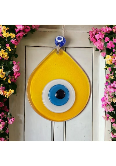 Orta Boy Şeffaf Sarı Damla Desen Nazar Boncuklu Duvar Dekoru Cam Duvar Süsü
