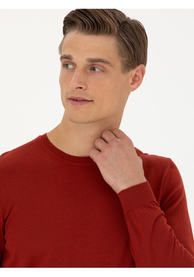 Cacharel Koyu Kiremit Slim Fit Bisiklet Yaka Triko Kazak Kırmızı