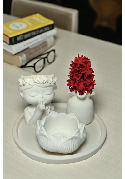 Dekoratif Vazo Seti - Şirin Çiçek Kız Vazo+çiçek Şekilli Vazo+lotus Obje+yuvarlak Tepsi Beyaz