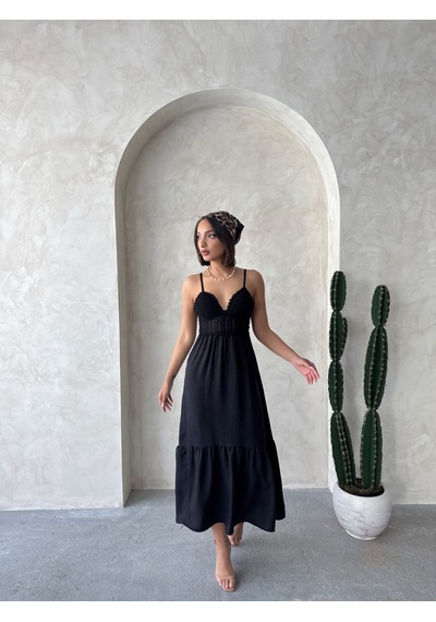 Verymoda Keten Görünümlü Askılı V Yaka Boydan Elbise I D2328 D2328 Siyah
