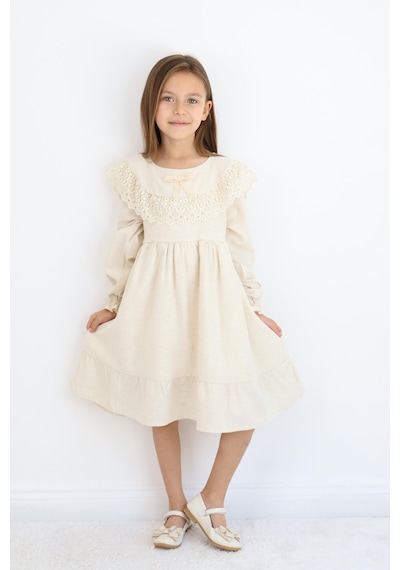 Miababy Fiyonk Detaylı Elbise 1-8 Yaş Bej