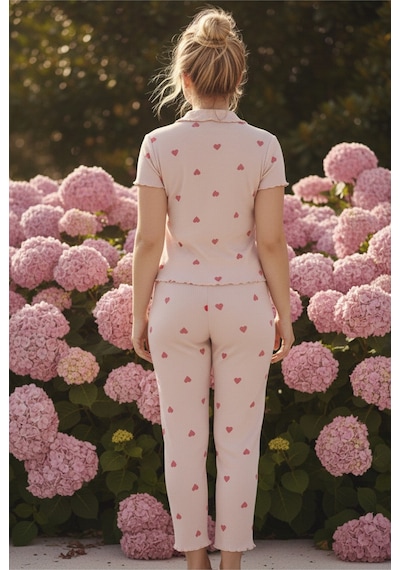 Siyah İnci Yakalı Düğmeli Fitilli Kaşkorse Örme Pijama Takım 26120501 Somon
