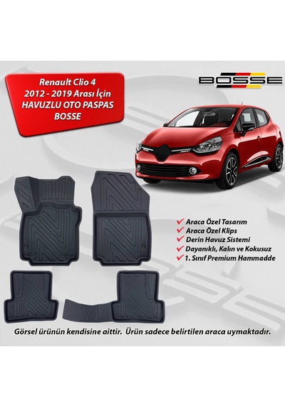 Renault Clio 4 Paspas Araca Özel 2012 2019 BOSSE 3D Havuzlu Oto Paspas