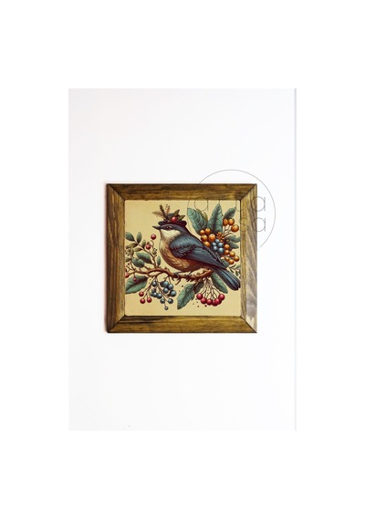 Artavessa Masif Ahşap Çerçeveli Taş Tablo Pano 16 x 16 cm - Bahar ve Kuşlar 2