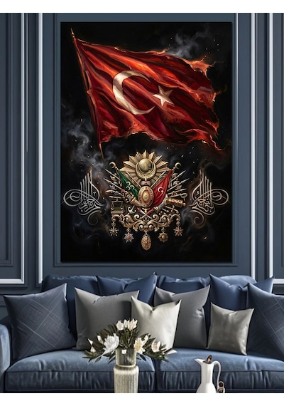 Osmanlı Devlet Arması Ve Bayrak Dekoratif Kanvas - Mdf Ahşap Tablo