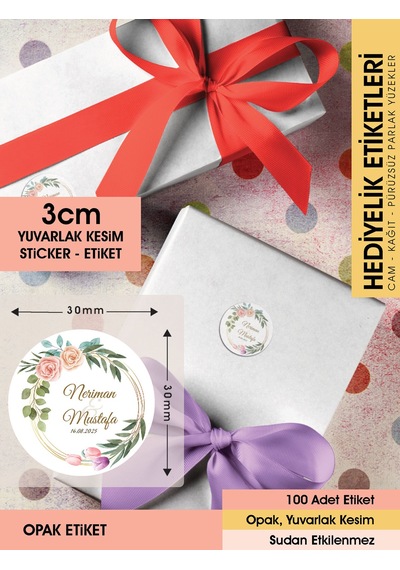 Suluboya Çiçek Modeli 3, Etiket Modeli Ürünlerinize Özel 3cm - 100 Adet Opak Sticker Renkli
