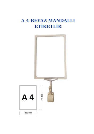 3 Adet Beyaz A4 Mandallı Raf Sepet Etiketi Çerçeveli Etiketlik Beyaz