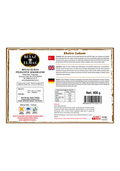 Beyaz Elmas Beyas Elmas Kare Cevizli Bademli Lokum 400 Gr - Glikoz İçermez - %100 Doğal Pancar Şekerinden Üretilmiştir