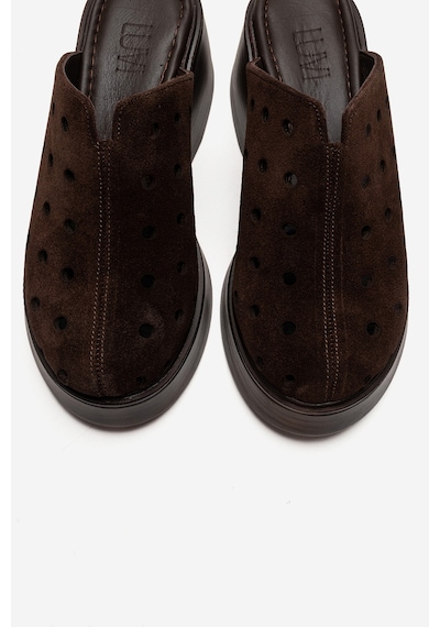 Luvishoes Nıves Kahverengi Süet Hakiki Deri Delikli Kadın Dolgu Topuklu Terlik Kahverengi