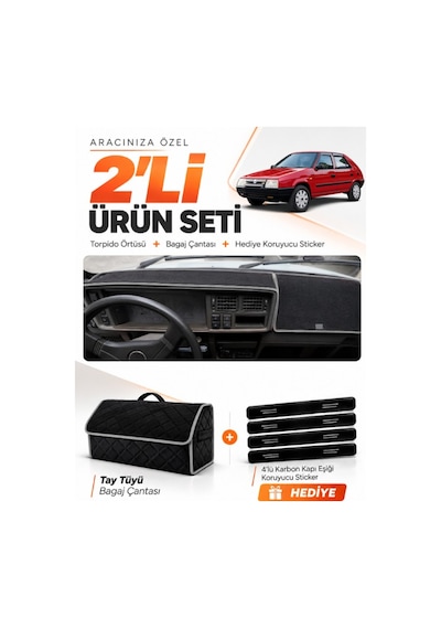 Skoda Favorit 1987-1995 Uyumlu Torpido Örtüsü + Tay Tüyü Bagaj Çantası + Sticker Seti - Siyah Gri