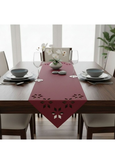 1 Adet Deri Runner-40x140 Cm-çiçek Desenli Runner Bordo
