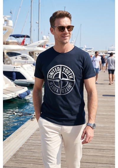 Buratti Baskılı Bisiklet Yaka Pamuklu Slim Fit Erkek T Shirt 541Pusula Lacivert