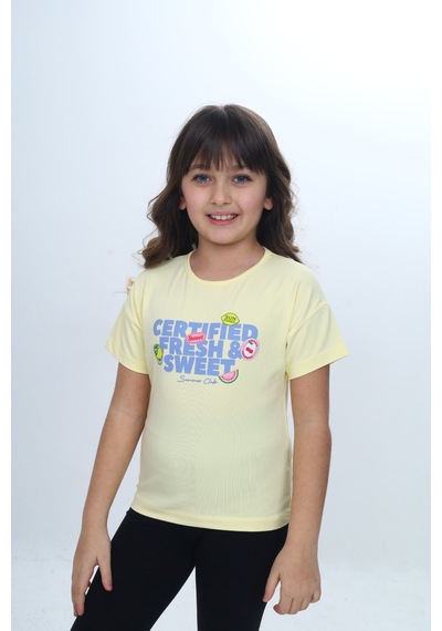 Toontoy Kids Toontoy Kız Çocuk Bisiklet Yaka Düşük Omuz Kısa Kollu Baskılı Tişört 24976 Açık Sarı