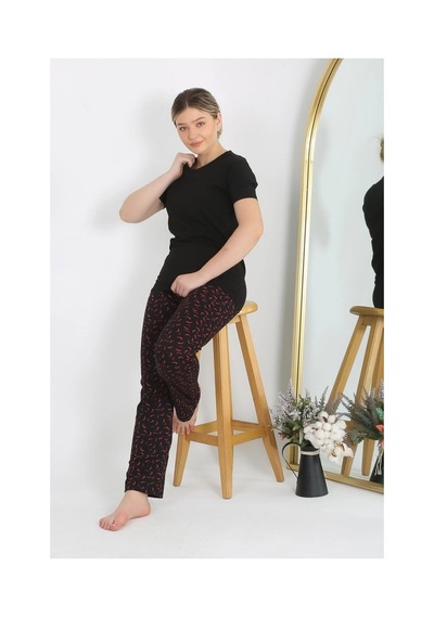 İkikareshop Kadın Kısa Kol Pamuk Penye Pijama Takım Siyah Çok Renkli