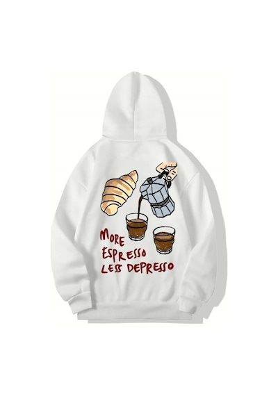 Brz Collection Unisex Oversize More Espresso Less Depresso Hoodıe Beyaz