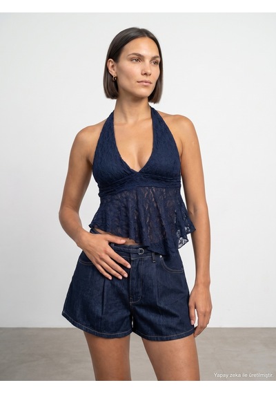 Dilvin 21228 Dantel Halter Yaka Top-indigo İndigo