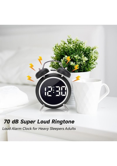 Çift Çanlı Dijital Alarm Saati 70db Yüksek Sesli, Led Ekranlı, Sıcaklık Ve Tarih Gösterimli, Sessiz Çalışma, Gece Işıklı, Sesle Kontrol, Retro & Modern Tasarım Hl-8891a - Siyah Diğer