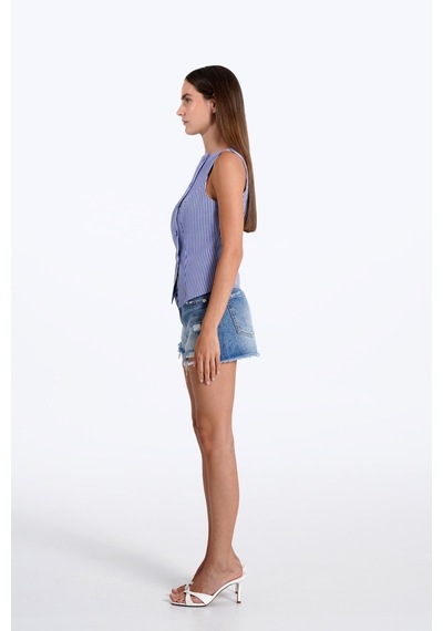 Thalure Kadın Lacivert Pötikare Kruvaze Slim Fit Yelek