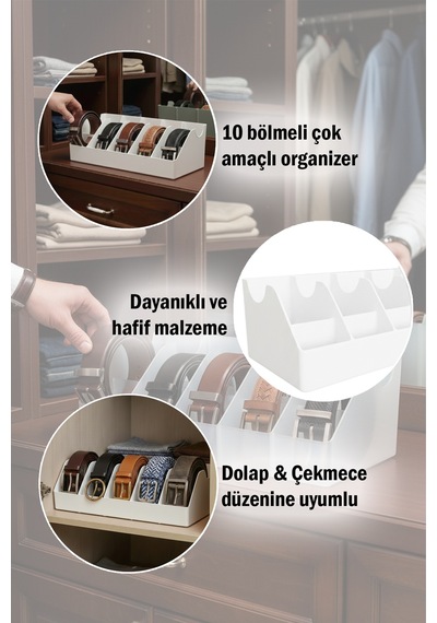 10 Bölmeli Kemer Organizer, Çorap, Kravat, Takı, Makyaj, Çekmece, Dolap İçi Depolama beyaz